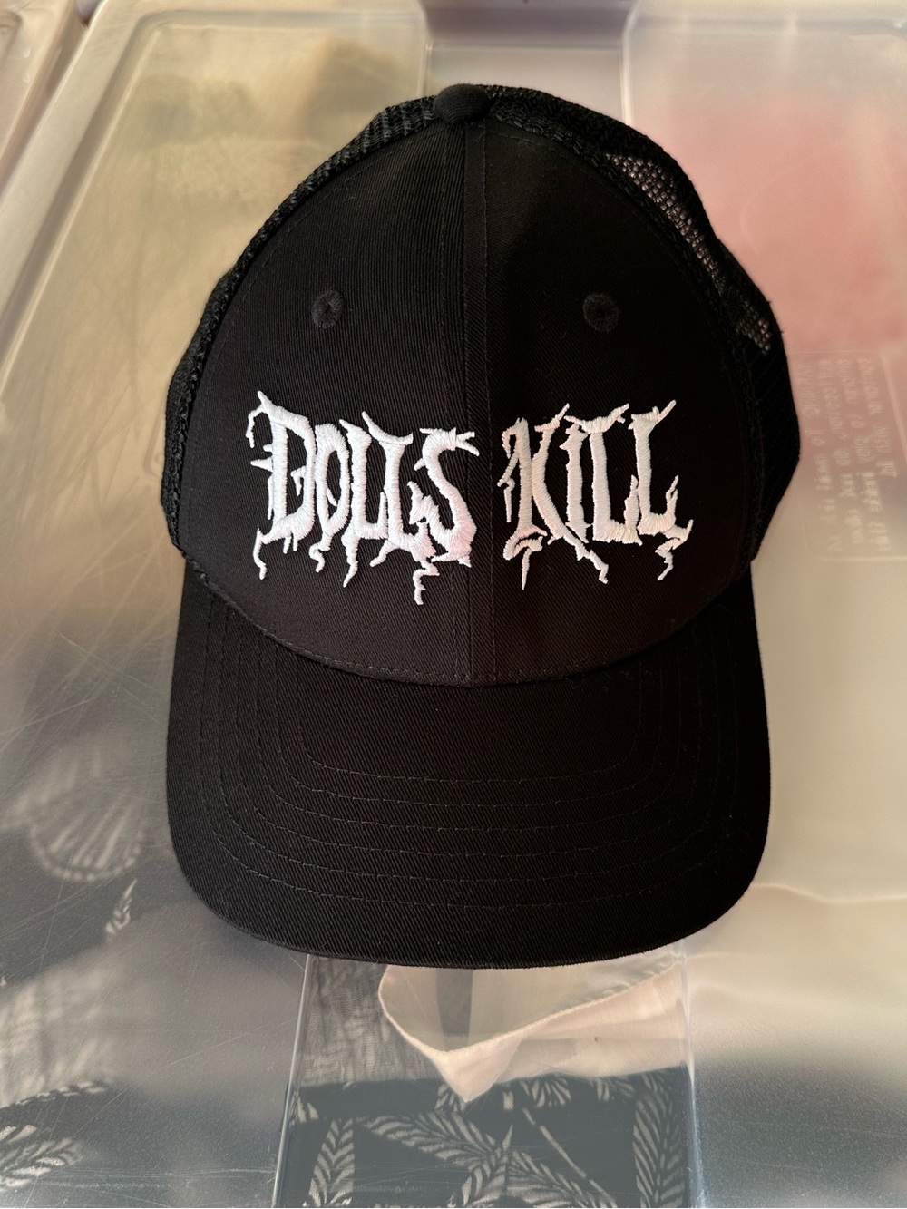 Dolls Kill Black White Embroidered Logo Trucker Hat Mesh Snapback Cap Goth Alt